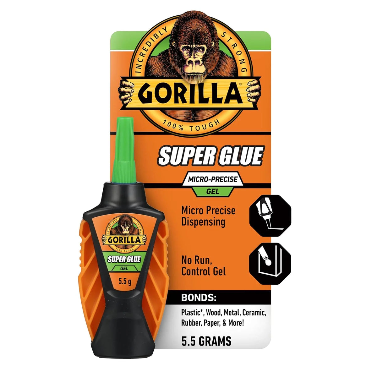 Gorilla Micro Precise Super Glue Gel, Clear, Cyanoacrylate, 5.5g, 2-Pack