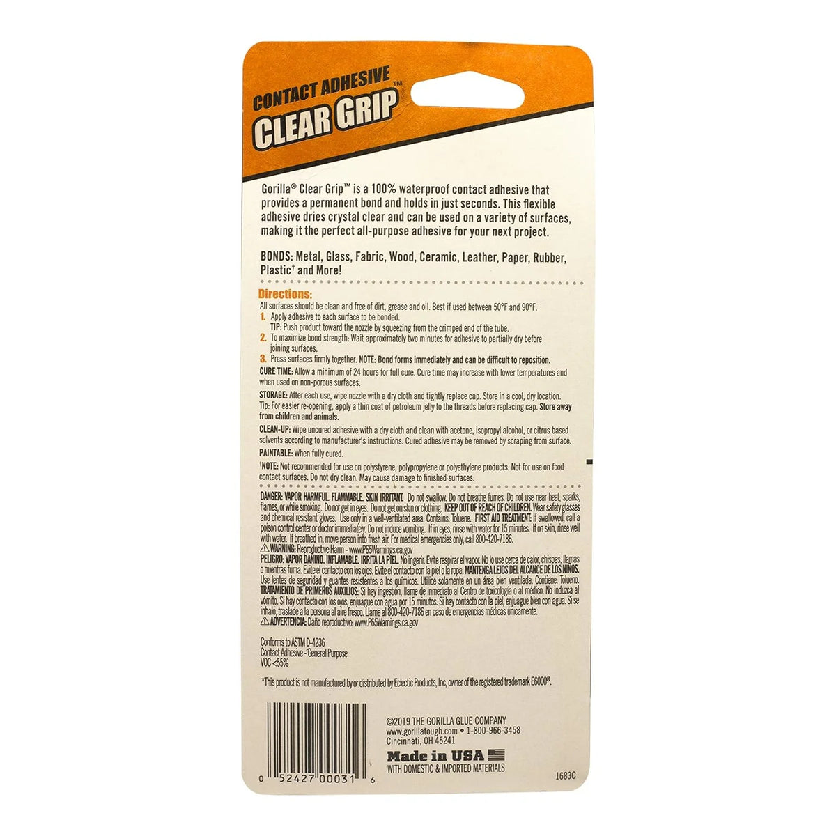 Gorilla Clear Grip Waterproof Contact Adhesive, 3 Ounce Tube, Clear, (Pack of 5)