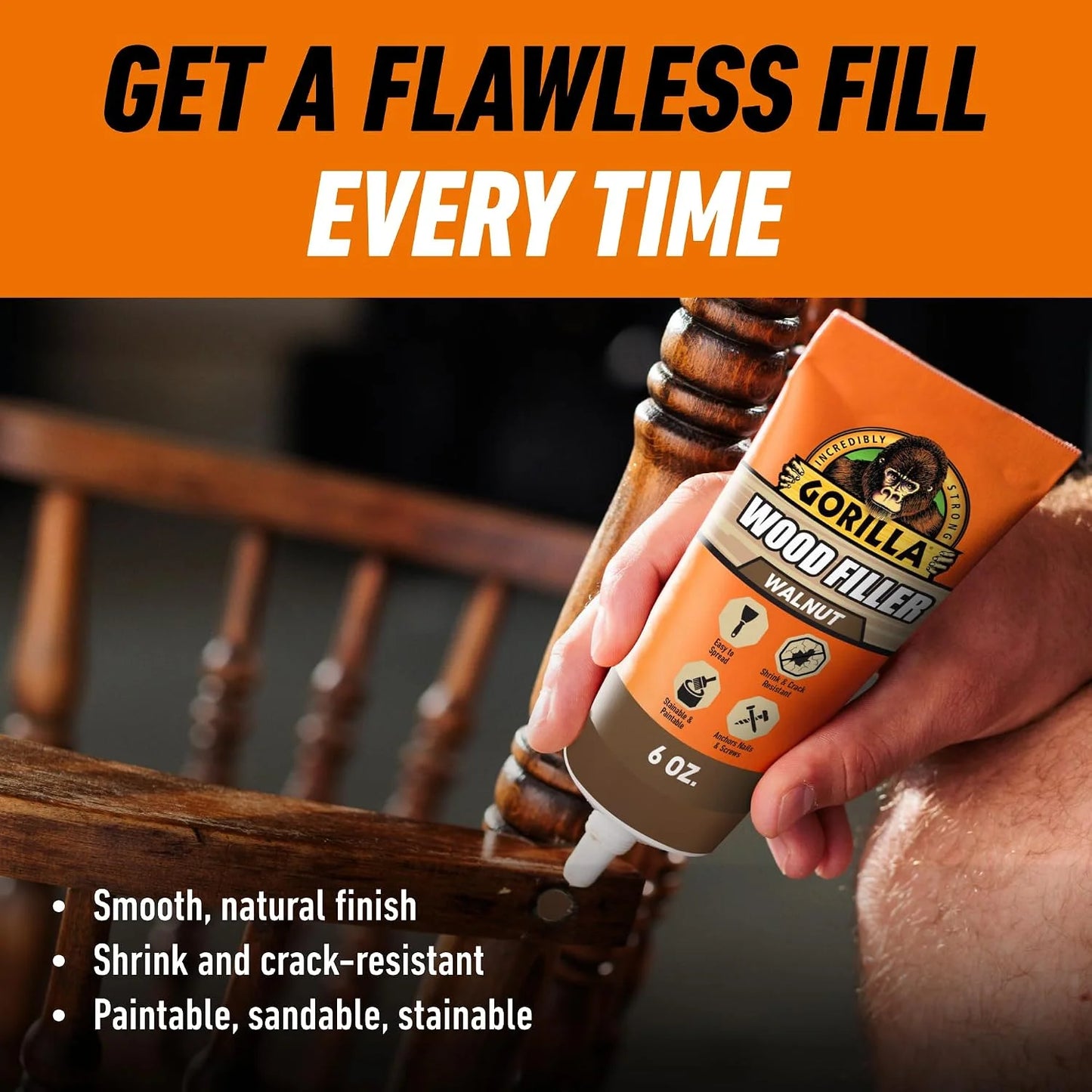 Gorilla Wood Filler, Water Resistant, White, 6 oz Tube, 2-Pack