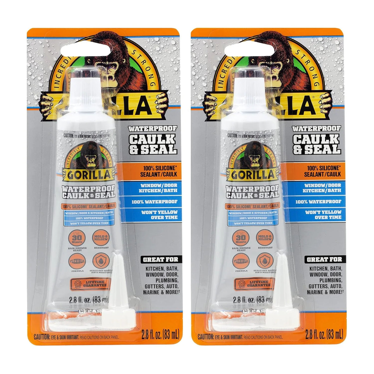 Gorilla 100% Silicone Caulk, 2.8 oz, 10 Year Mold Resistant, Clear, 2-Pack