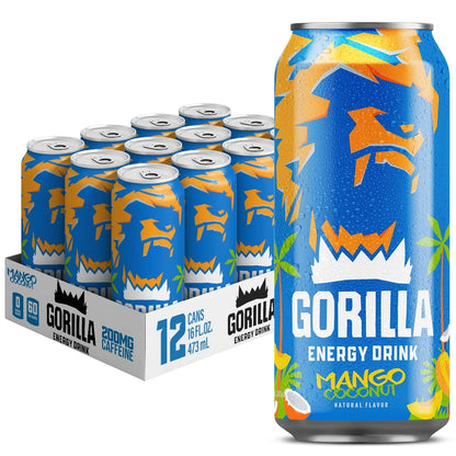 Gorilla Energy Drink, Cherry Berry, 200mg Plant-Based Caffeine, 12 Pack