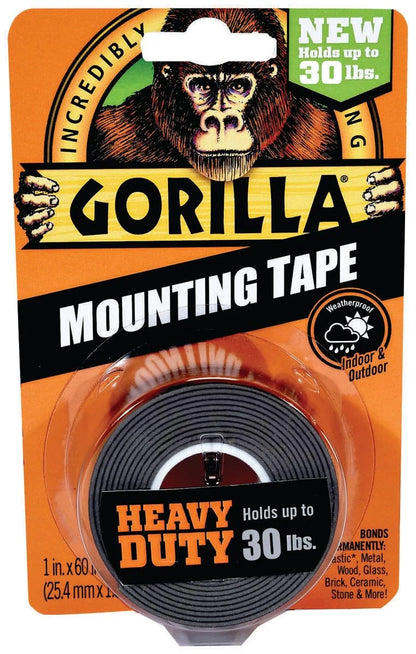 GORILLA Heavy Duty Double Sided Mounting Tape, 1" x 60", Black, 2-Pack