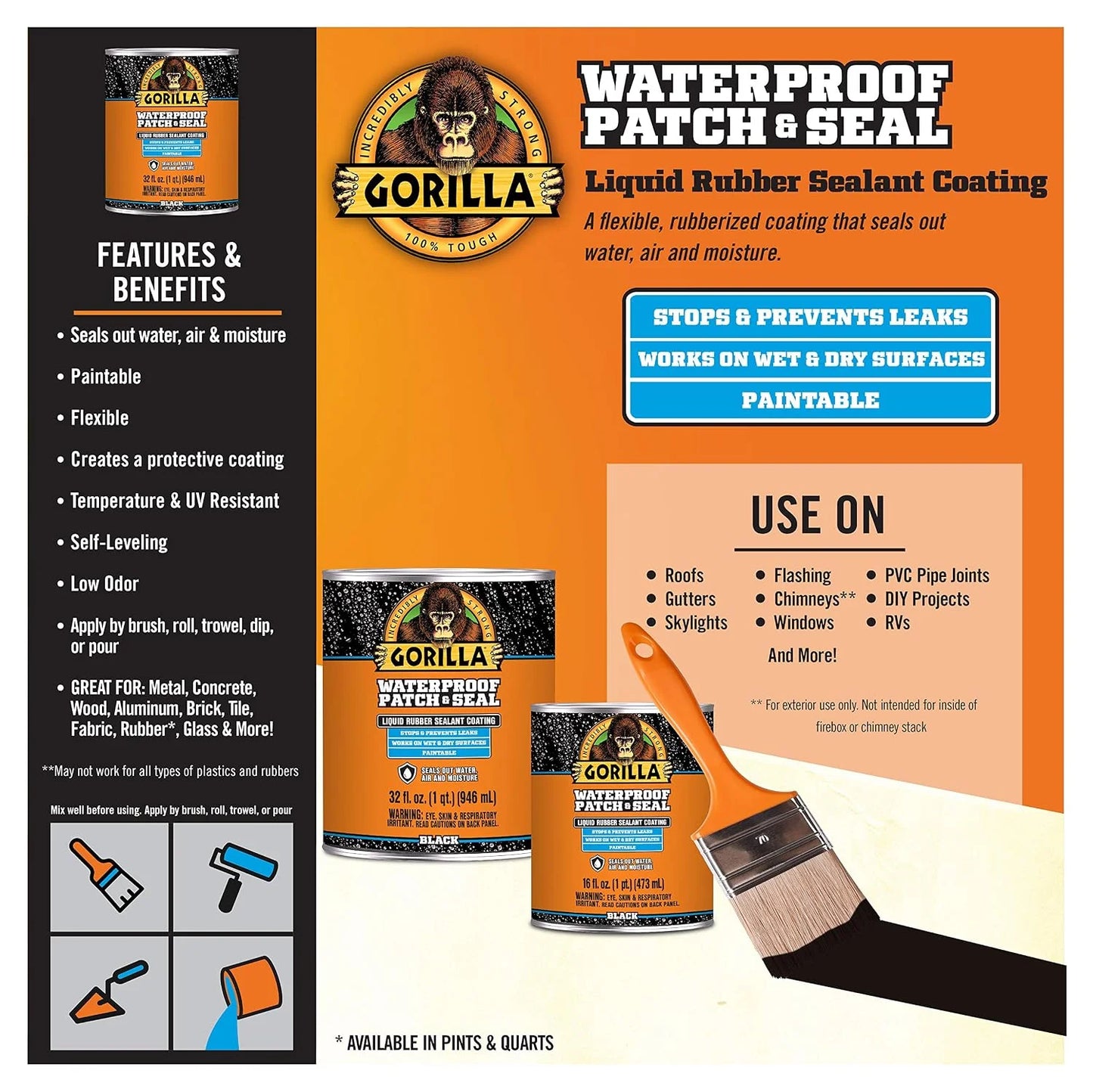 Gorilla Patch & Seal Liquid Rubber Waterproof Sealant, White, 32 Ounce (Pack of 6) - Seals Out Water, Air, and Moisture