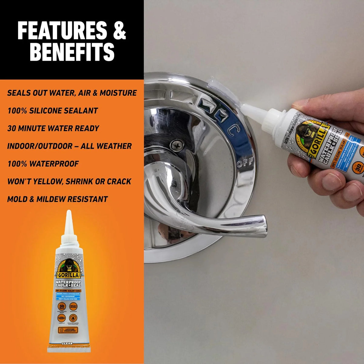 Gorilla 100% Silicone Caulk, 2.8 oz, 10 Year Mold Resistant, Clear, 2-Pack