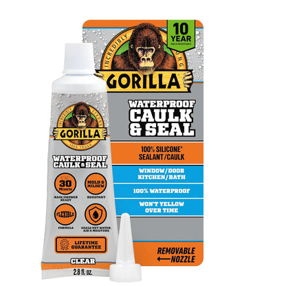 Gorilla 100% Silicone Caulk, 2.8 oz, 10 Year Mold Resistant, Clear, 2-Pack