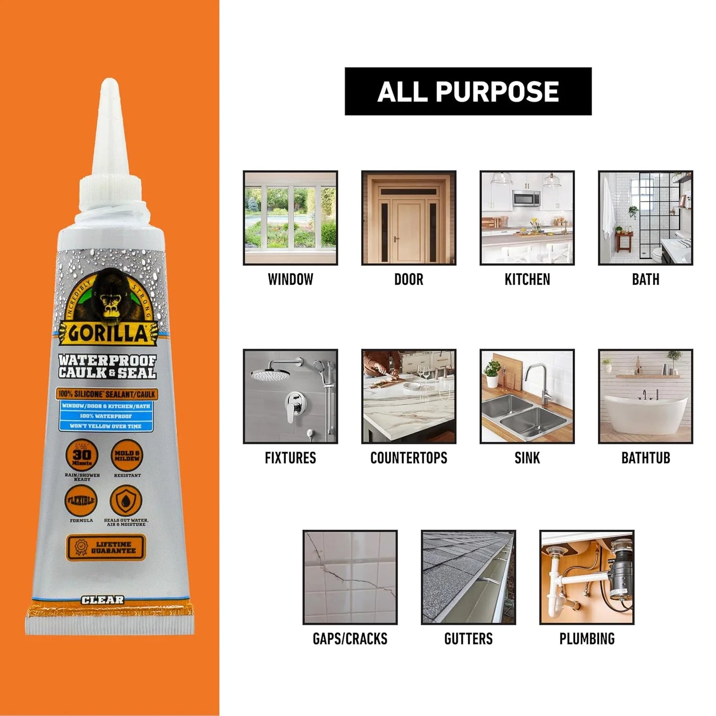 Gorilla 100% Silicone Caulk, 2.8 oz, 10 Year Mold Resistant, Clear, 2-Pack