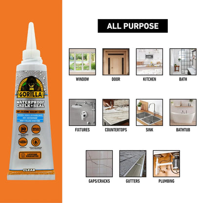 Gorilla 100% Silicone Caulk, 2.8 oz, 10 Year Mold Resistant, Clear, 2-Pack