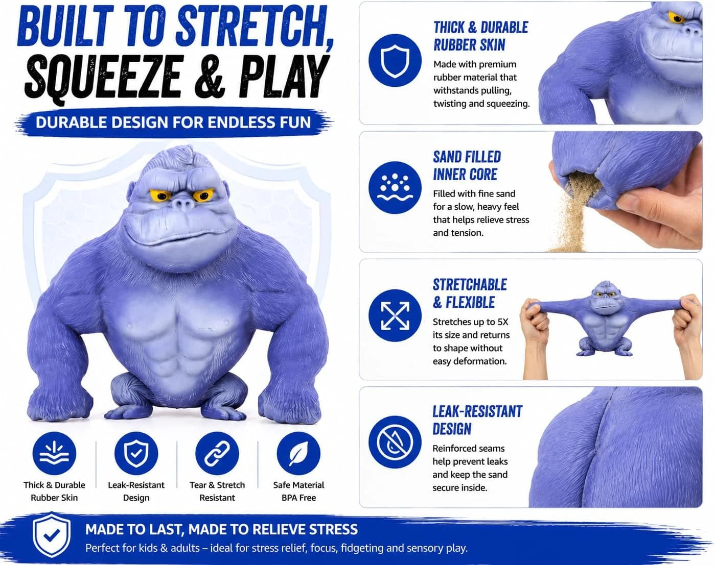 Stretchy Gorilla Fidget Toy, 5X Stretch Gray Gorilla Squeeze Toy, Sand Filled Squishy Stress Relief Toy for Kids & Adults, Fun Desk Toy, Ages 3+