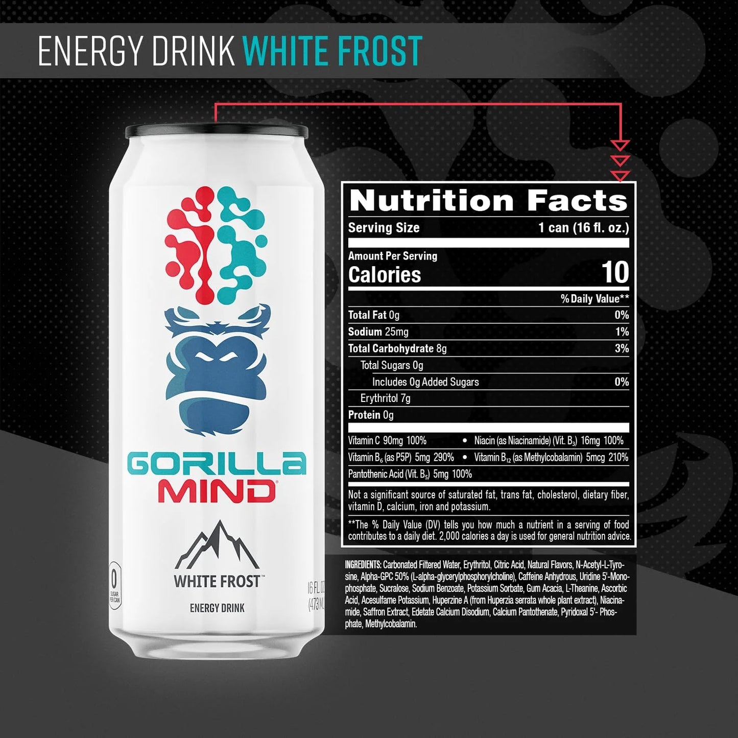 Gorilla Mind Energy Drink | 16oz, 12-Pack (Citrus Rain)