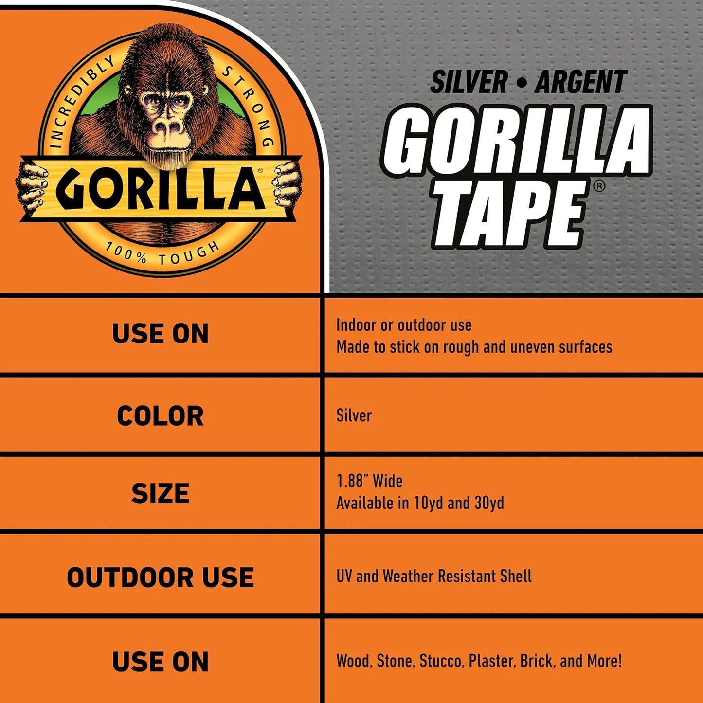 GORILLA Heavy Duty Duct Tape, Silver, 1.88" x 30 yd, 1-Pack