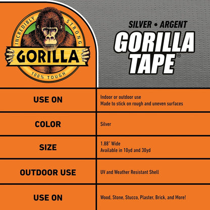 GORILLA Heavy Duty Duct Tape, Silver, 1.88" x 30 yd, 1-Pack