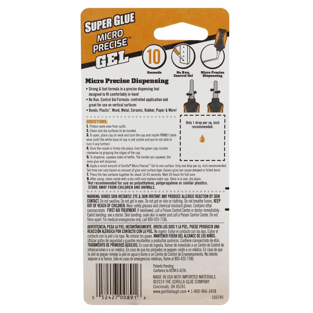 Gorilla Micro Precise Super Glue Gel, Clear, Cyanoacrylate, 5.5g, 2-Pack