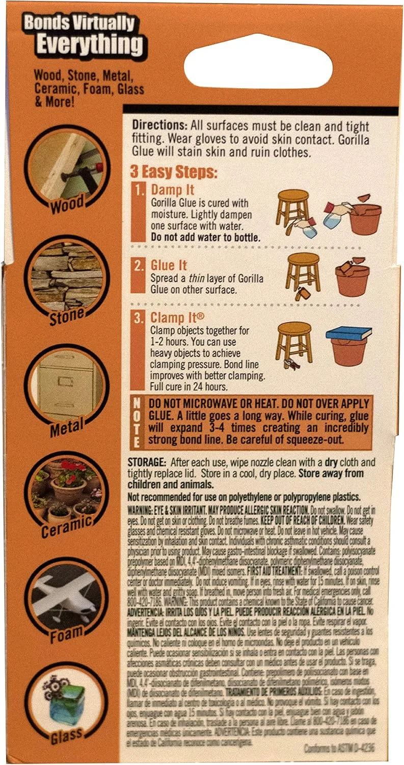 Gorilla Original Gorilla Glue, Waterproof Polyurethane Glue, 2 Ounce Bottle, Brown, (Pack of 1)