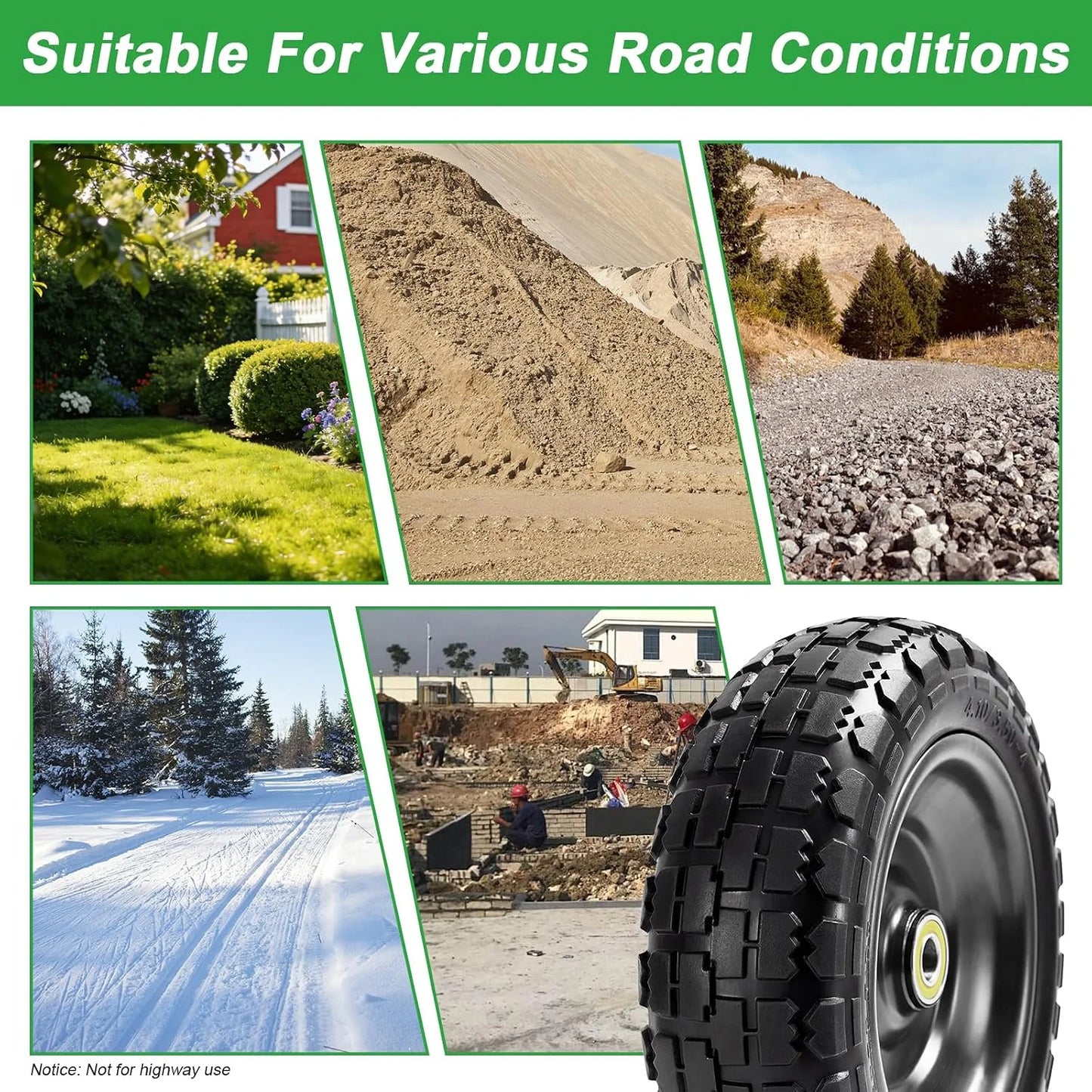 10" Flat Free Tires (4-Pack), 4.10/3.50-4 Solid Rubber Wheels for Gorilla Carts, Garden Wagons, Wheelbarrows & Utility Carts - 5/8" Axle Bore, 2.1" Offset Hub, Heavy Duty No-Flat Replacement