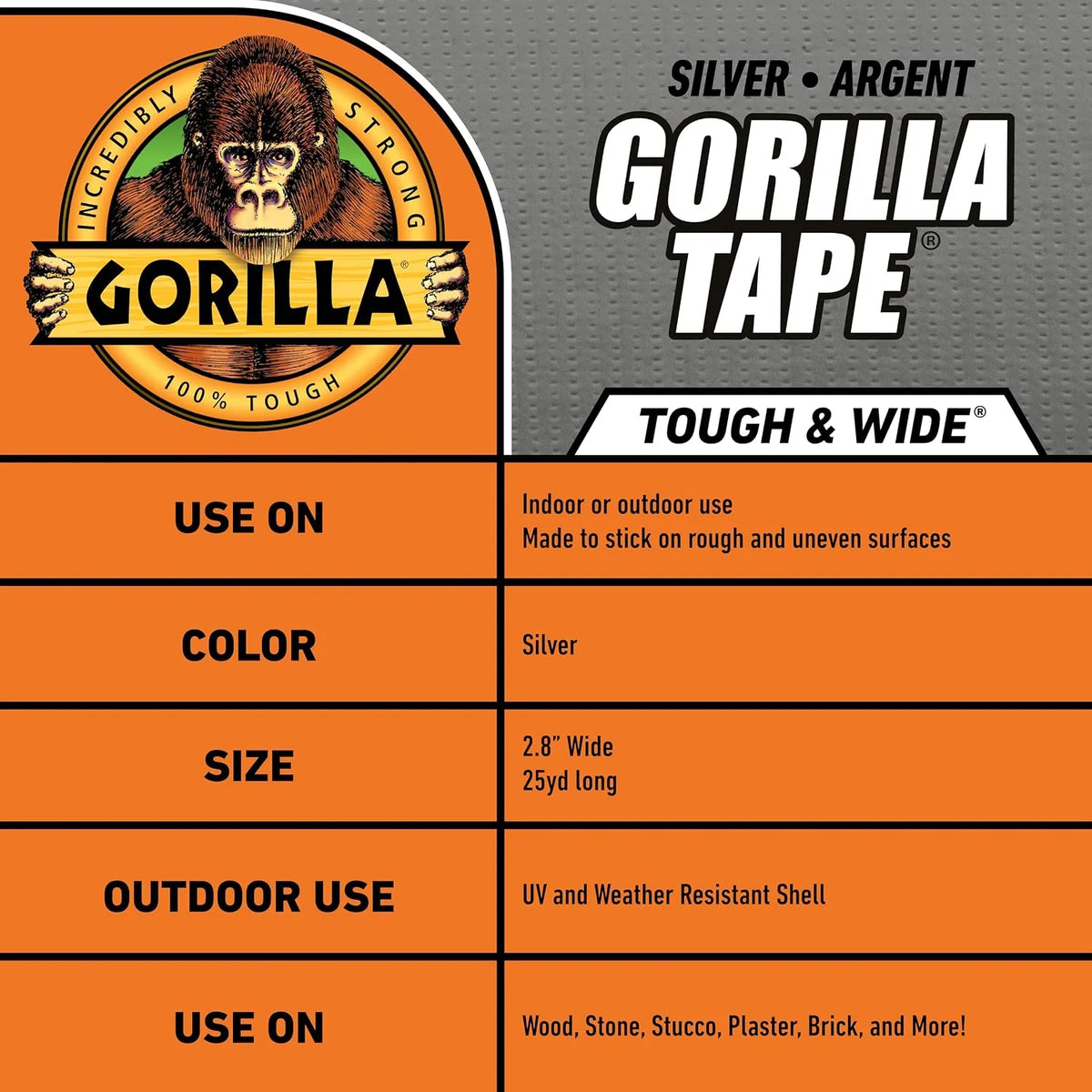 GORILLA Tape Tough & Wide, White, 2.88" x 25 yd