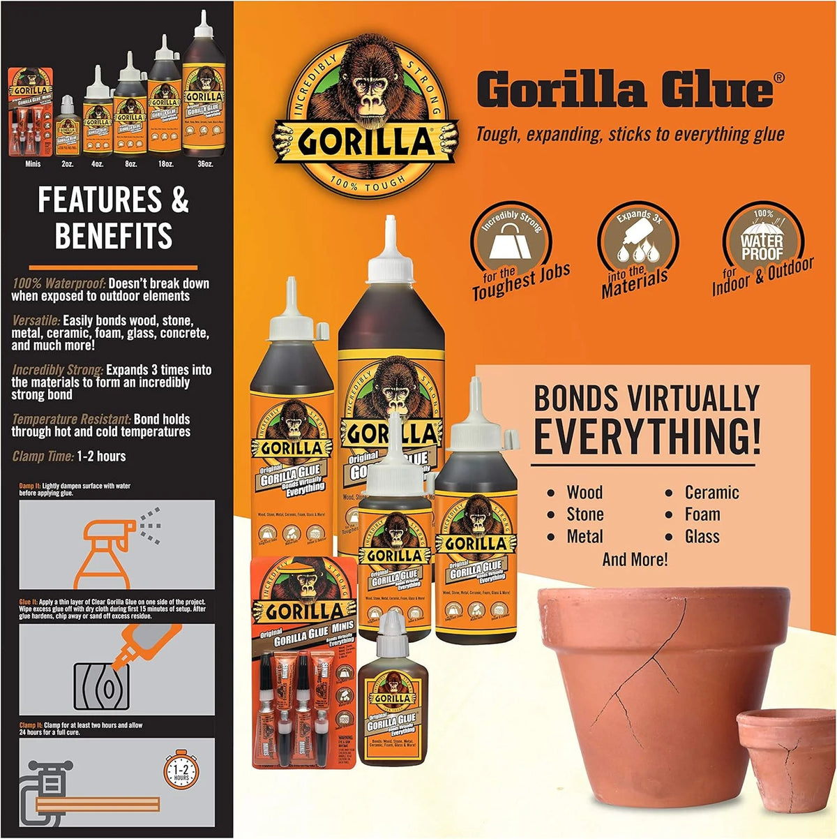 Gorilla Original Gorilla Glue, Waterproof Polyurethane Glue, 2 Ounce Bottle, Brown, (Pack of 1)