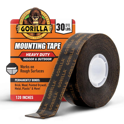 GORILLA Heavy Duty Double Sided Mounting Tape, Black Tape, 1" x 120" (Pack of 6) - Weatherproof for Indoor or Outdoor