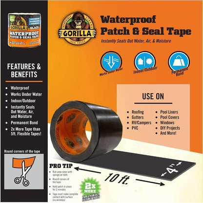 Gorilla Waterproof Patch & Seal Tape, Black Tape, 4" x 10' (Pack of 4) - Permanent Weather Resistant Seal for Leaks and Repairs