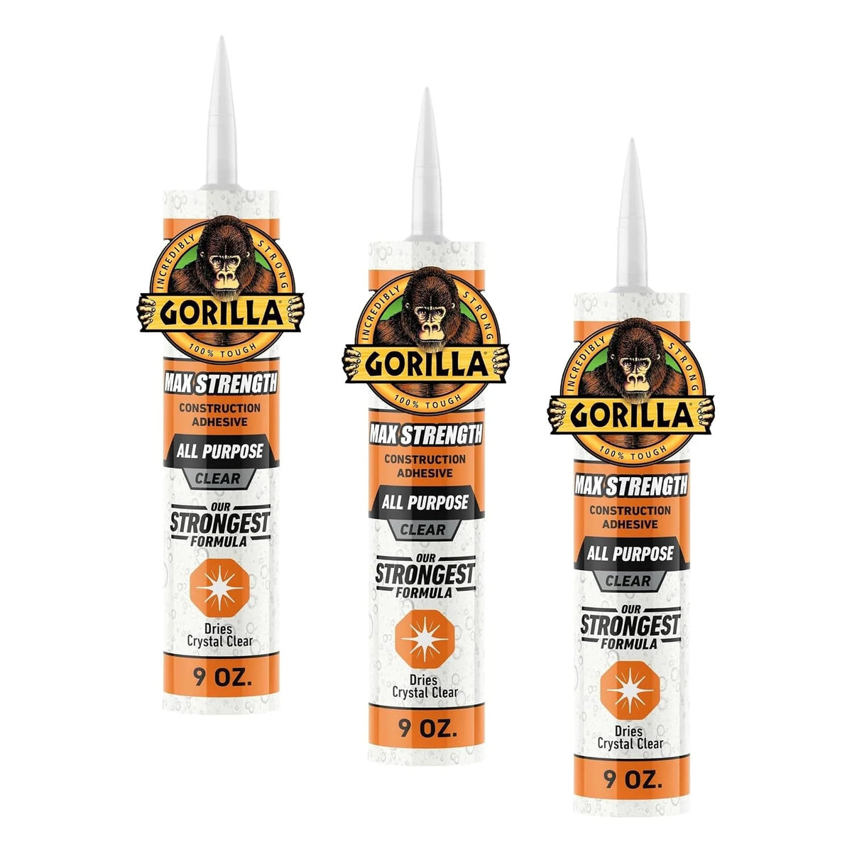 Gorilla Max Strength Construction Adhesive, 9 oz Cartridge (Pack of 3), Clear, Waterproof Gap-Filling Formula for Wood Metal Tile Stone Glass Mirror Indoor Outdoor, Paintable Sandable