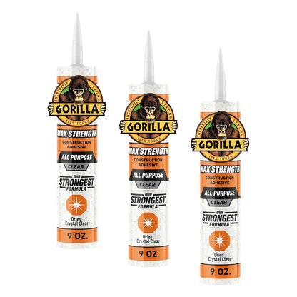 Gorilla Max Strength Construction Adhesive, 9 oz Cartridge (Pack of 3), Clear, Waterproof Gap-Filling Formula for Wood Metal Tile Stone Glass Mirror Indoor Outdoor, Paintable Sandable