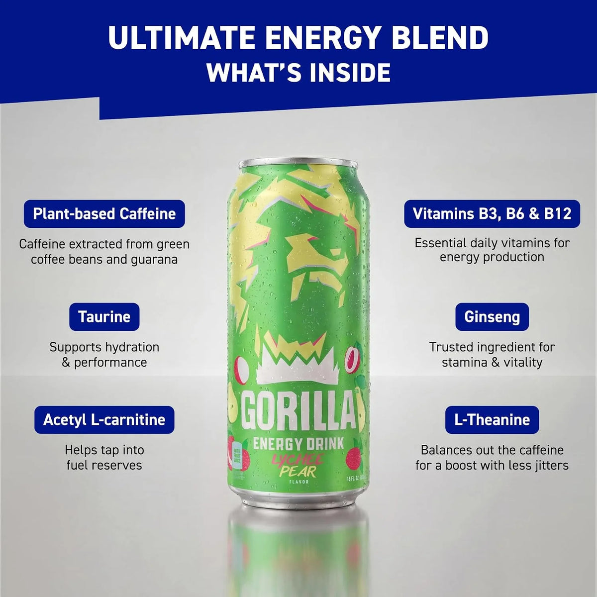 Gorilla Energy Drink, Cherry Berry, 200mg Plant-Based Caffeine, 12 Pack