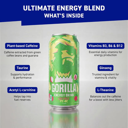 Gorilla Energy Drink, Cherry Berry, 200mg Plant-Based Caffeine, 12 Pack