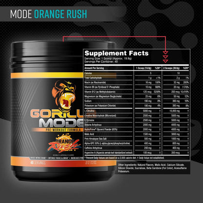 Gorilla Mode Pre Workout - Massive Pumps | 796g (Orange Rush)