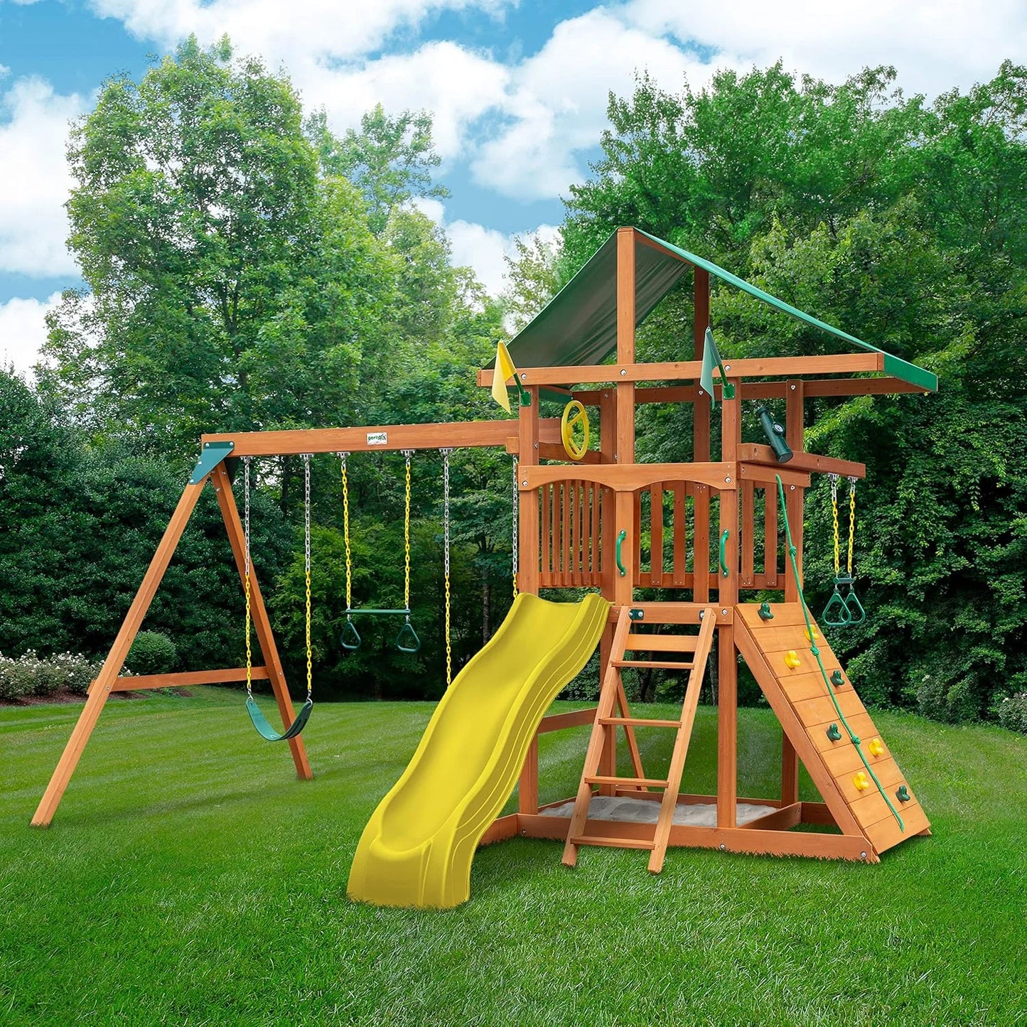 Gorilla Playsets 01-1075-Y Outing Wood Swing Set with Wood Roof and Twister Tube Slide - Yellow Slides, Amber