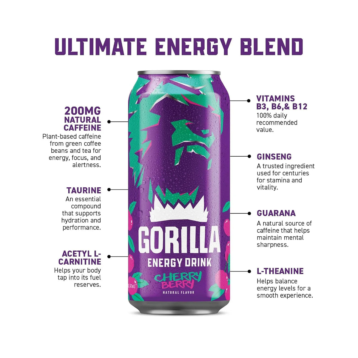 Gorilla Energy Drink, Cherry Berry, 200mg Plant-Based Caffeine, 12 Pack