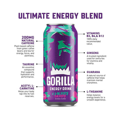 Gorilla Energy Drink, Cherry Berry, 200mg Plant-Based Caffeine, 12 Pack